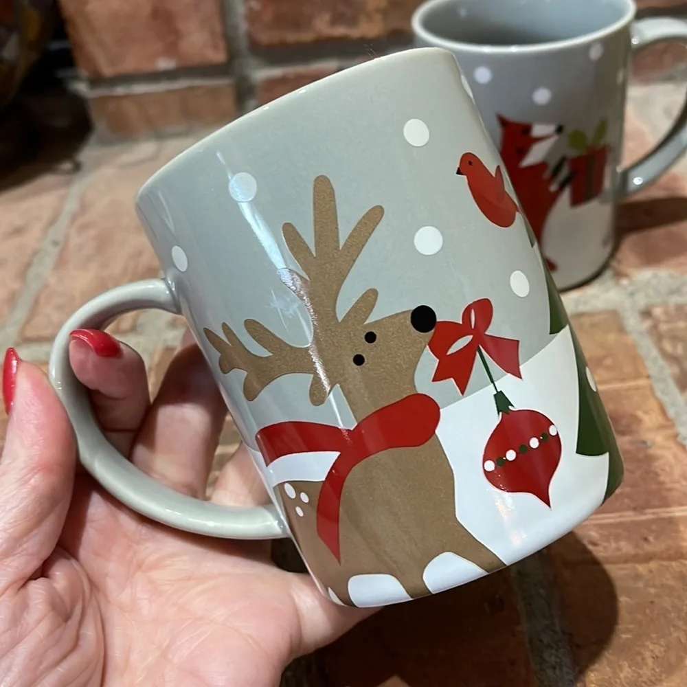 Crate&Barrel Gray Woodland Critters Fox Deer Bunny Cardinal Set of 2 Mugs